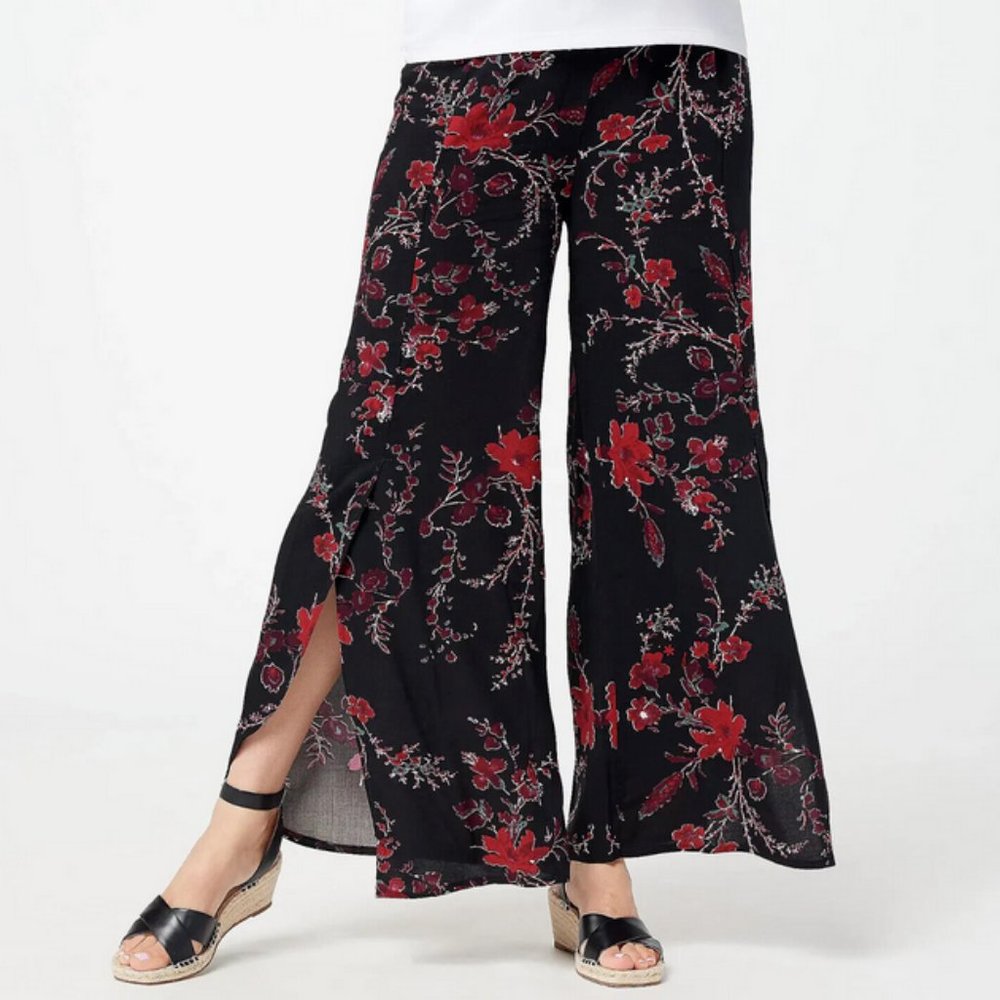 NWT TRUTH + STYLE PRINTED WOVEN FULL LENGTH PANTS BLACK MULTI XXS